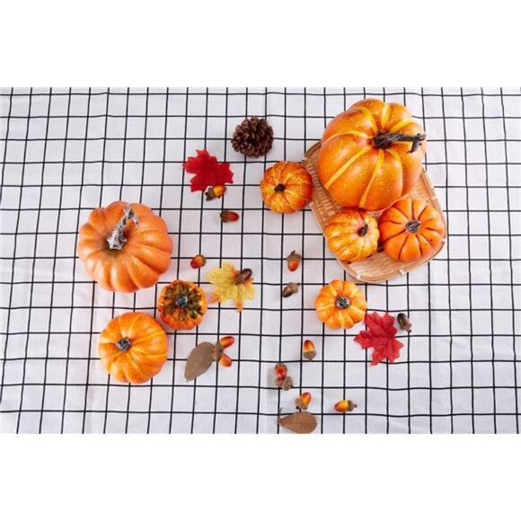 8 Pcs Assorted Sizes Harvest Orange Artificial Pumpkins for Fall Halloween - Picture 4 of 7